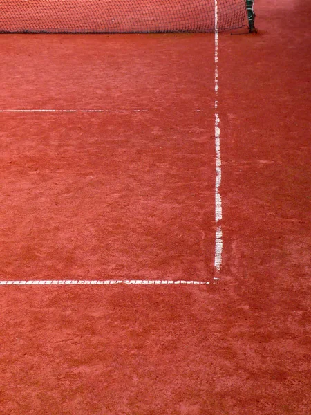 Gros Plan Coin Court Tennis Terre Battue Rouge Filet — Photo