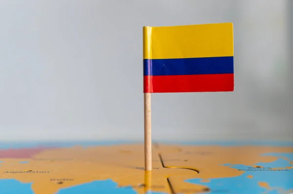 地球上に固定された木の棒にコロンビアの小さな旗 — ストック写真