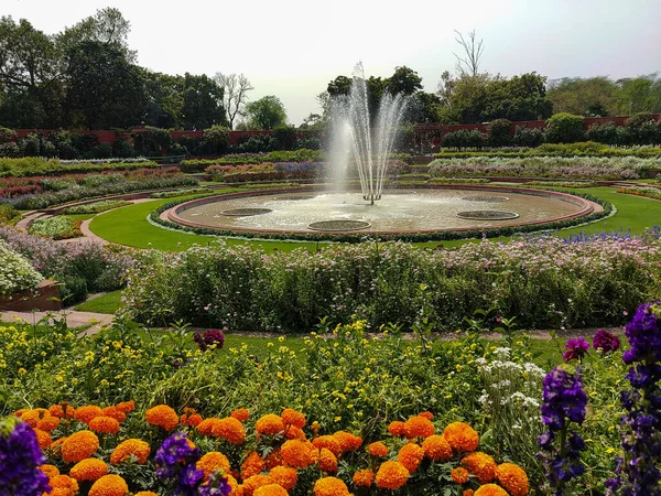 Fountain Surrounded Beautiful Flowers Mughal Gardens Delhi — Stock Photo, Image
