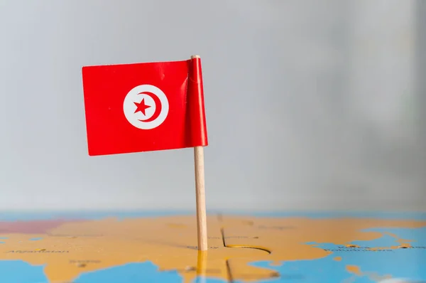 Egy Kis Elforgatott Zászló Tunézia Egy Bottal Rögzített Világon — Stock Fotó