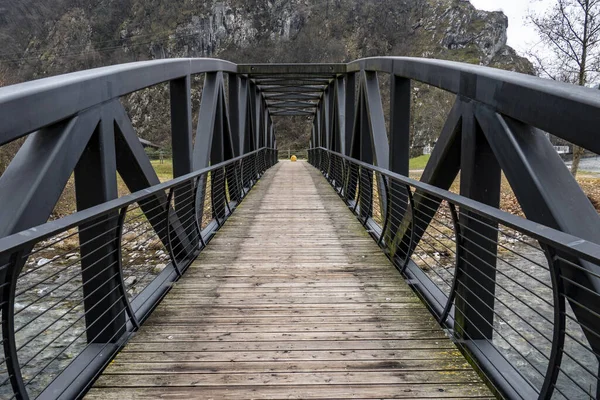 Uma Pequena Ponte Pedonal Sobre Rio Através Floresta Outono — Fotografia de Stock