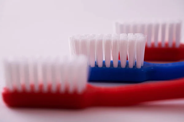 Shot Three Toothbrushes Isolated White Background — Stock Photo, Image