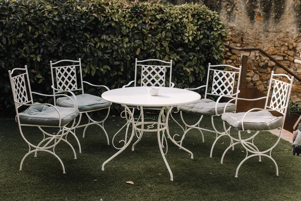 Μεταλλικές Λευκές Καρέκλες Ένα Τραπέζι Στο Γκαζόν Στην Πίσω Αυλή — Φωτογραφία Αρχείου