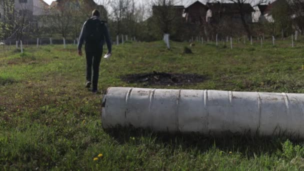 Man Walking Nature Backpack His Back — Stockvideo