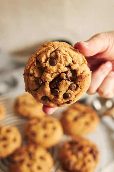 Plano Vertical Una Persona Sosteniendo Una Galleta Deliciosamente Horneada Con — Foto de Stock