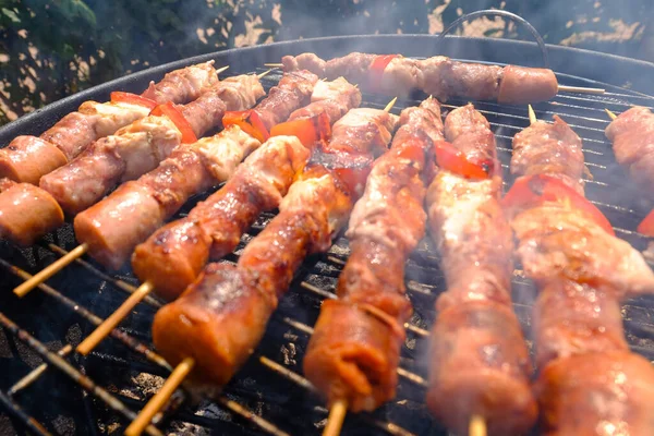 Primer Plano Deliciosa Carne Los Pinchos Que Asan Parrilla Carbón —  Fotos de Stock