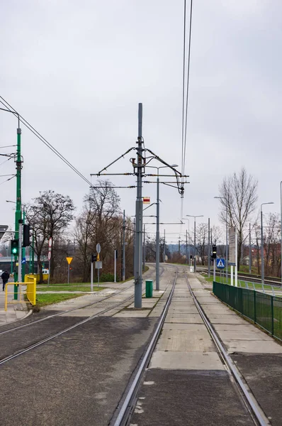 Poznan Pologne Janv 2018 Tramway Urbain Avec Poteaux Électriques Par — Photo