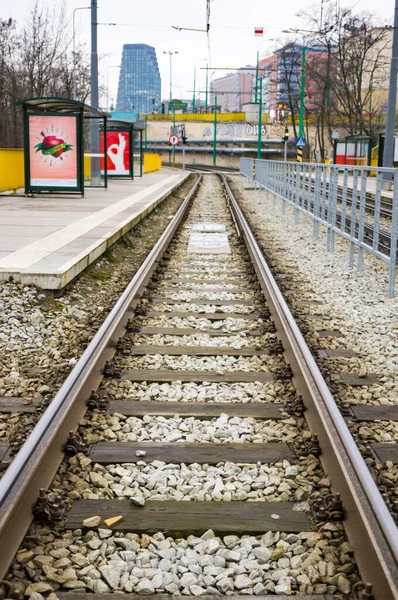 Poznan Polonia Gennaio 2018 Tram Track Stop Close Roosevelta Street — Foto Stock