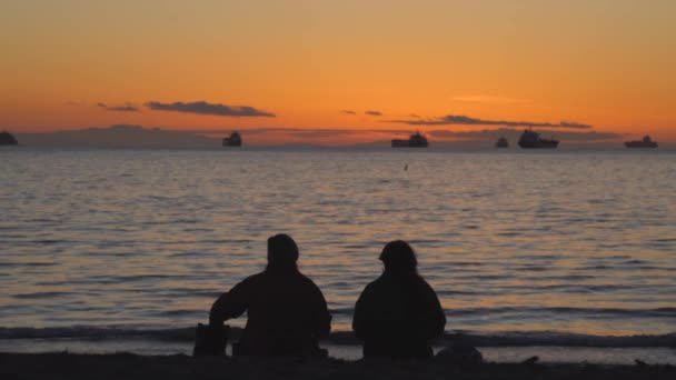 Μια Σιλουέτα Δύο Φίλες Απολαμβάνουν Ηλιοβασίλεμα Στον Κόλπο — Αρχείο Βίντεο