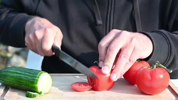 Man Black Sweatshirt Preparing Vegetables — Stock Video