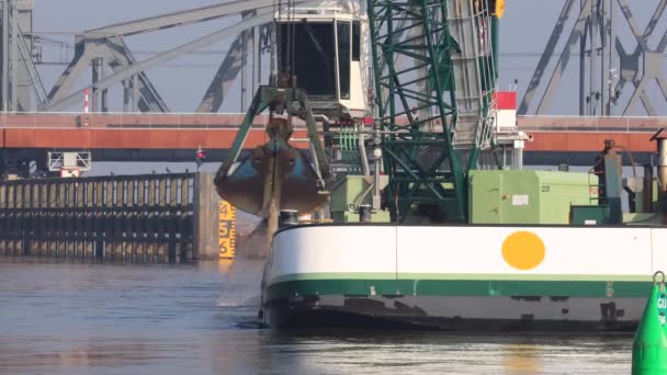 Closeup Dredging Ship Waterway Corridor Leading Bridge River Ijssel Background — Stock Video