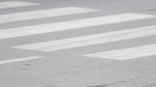 Primer Plano Paseo Peatonal Cruzado Mientras Los Coches Conducen — Vídeos de Stock