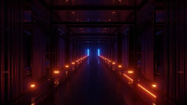 Eine Wiedergabe Des Coolen Futuristischen Tunnelmusters Leuchtenden Neonorangen Und Blauen — Stockfoto