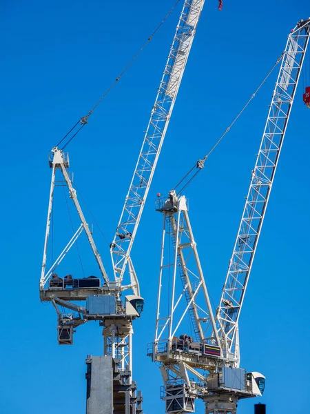 Riqualificazione Della Città Due Gru Contro Una Nuvola Blu Meno — Foto Stock