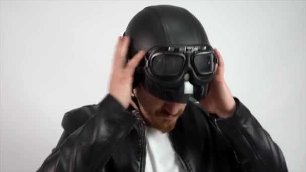 Footage White Caucasian Man Taking His Biker Helmet — Video Stock