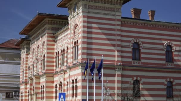 Metraje Las Banderas Bosnia Herzegovina Ondeando Viento Frente Edificio — Vídeos de Stock