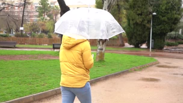 Young Caucasian Female Mask Holding Umbrella Walking Street — Stock Video