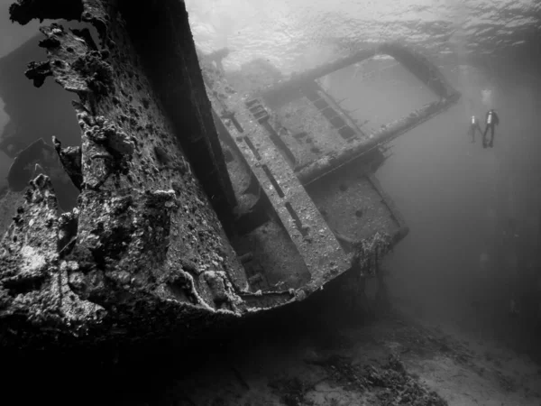 Tiro Escala Cinza Navio Afundado Debaixo Água Mergulhadores Nadando Nas — Fotografia de Stock