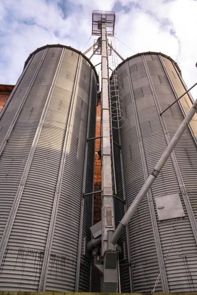 Fabrikalarda Kullanılan Paslanmaz Silindir Kaplarının Düşük Açılı Çekimi — Stok fotoğraf