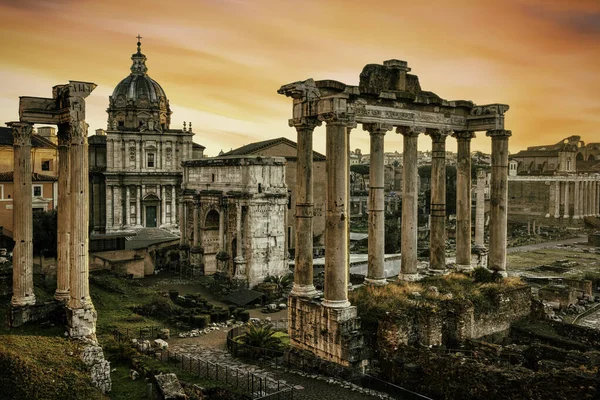 Panoramic View Ancient Ruins Roman Forum Foro Romano Sunrise — Stock Photo, Image