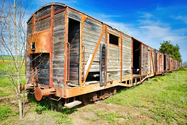 旧火车 旧货车 生锈的车轮 在一个废弃的车站 火车在尺寸较小的轨道上运行的火车 — 图库照片