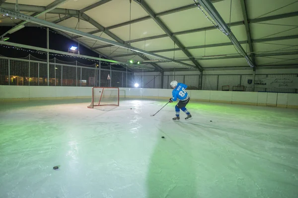 Domzale Slowenien Februar 2019 Professioneller Männlicher Eishockeyspieler Beim Dribbeln Outdoor — Stockfoto