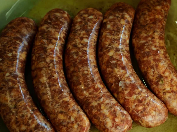Top View Closeup Couple Sausages Placed Next Each Other Plate — Stock Photo, Image