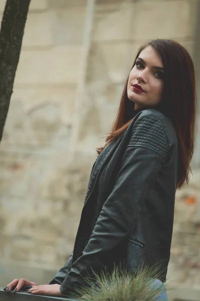 Vertical Shot Young Brunette Female Leather Coat Posing Front Old — ストック写真