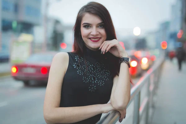 Young Brunette Female Leather Jacket Posing Leaning Railing Street — 스톡 사진