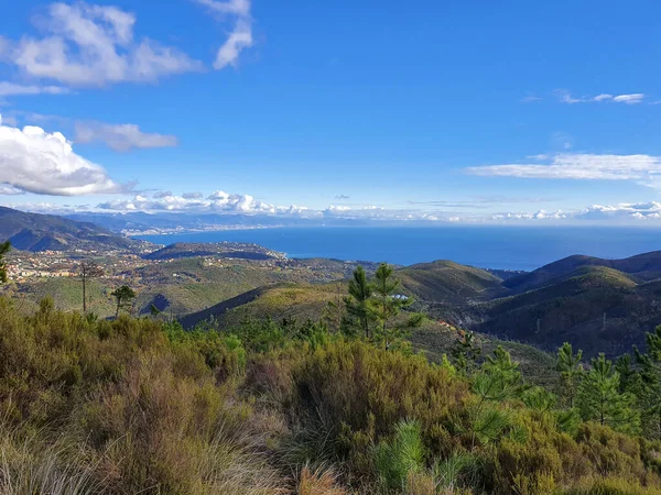 Paysage Collines Couvertes Verdure Entourées Par Mer Sous Ciel Bleu — Photo