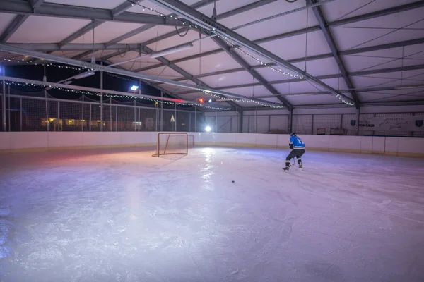 Domzale Slowenien Februar 2019 Professioneller Männlicher Eishockeyspieler Beim Dribbeln Outdoor — Stockfoto