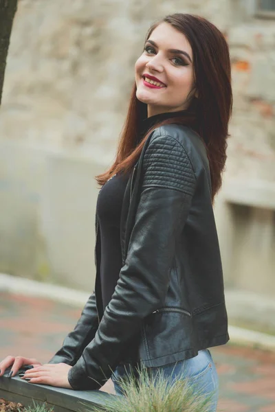 Vertical Shot Young Brunette Female Leather Coat Posing Front Old — ストック写真