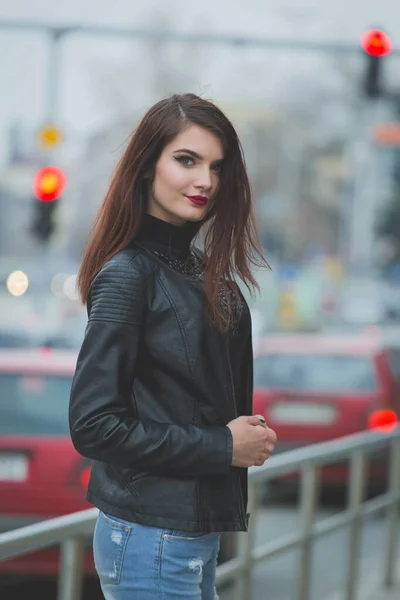 Vertical Shot Young Brunette Female Leather Jacket Posing Railing Street — 스톡 사진