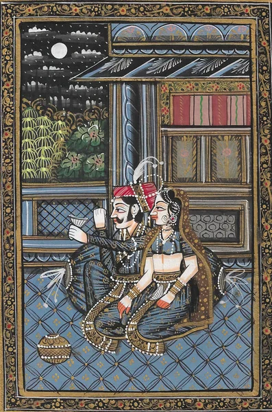 Indian miniature painting of man and woman drinking wine at night