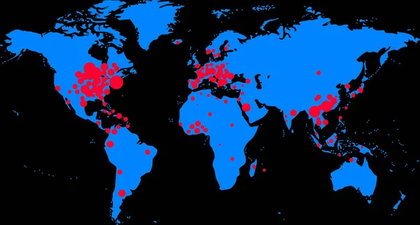 一张蓝色世界地图 显示Covid 19星系团为红点 珊瑚斑纹 — 图库照片
