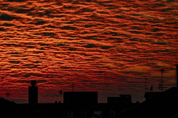 Una Silueta Edificios Bajo Las Nubes Rojas Durante Puesta Del — Foto de Stock