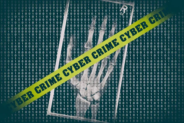 Ein Cyber Crime Auf Barrikadenklebeband Mit Menschlicher Hand Und Binärem — Stockfoto