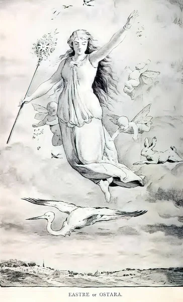 Una Ilustración Ostara Volando Con Cupidos Cigüeñas Liebres Libro Mitología —  Fotos de Stock