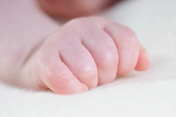 Macro Shot Adorable Caucasian Baby Hand White Blanker — Stock Photo, Image