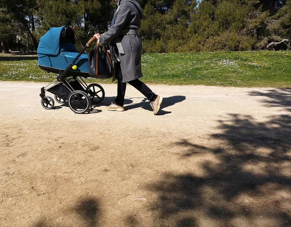 Nahaufnahme Einer Mutter Mit Einem Blauen Buggy Park — Stockfoto