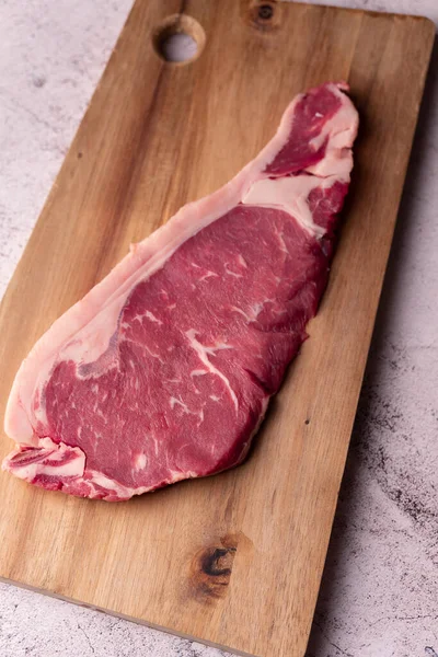 Top View Fresh Raw Veal Chop Wooden Kitchen Board — Stock Photo, Image