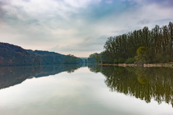 Spokojne Jezioro Odbijające Drzewa Pod Chmurnym Niebem — Zdjęcie stockowe