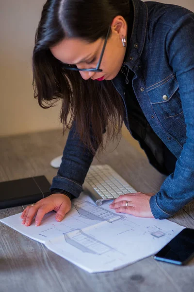 Closeup French Confident Female Architect Working Her New Project Office — Stock Photo, Image