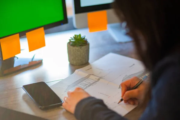 Closeup Young Female Architect Drawing Working Her New Project Office — Stock Photo, Image