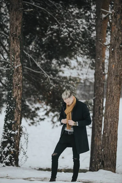 Disparo Vertical Hombre Sexy Moda Caucásico Con Una Bufanda Bosque —  Fotos de Stock