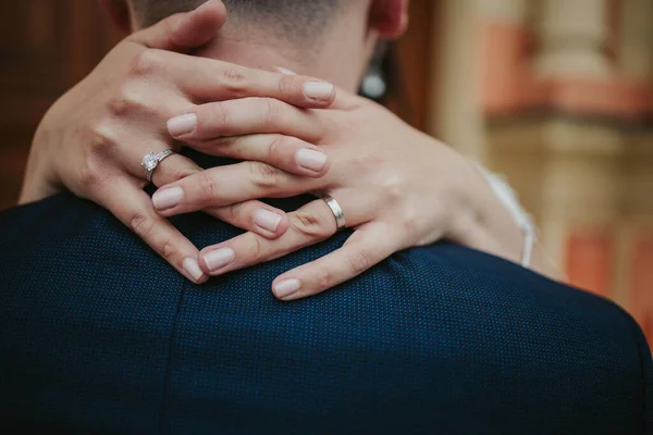 Closeup Bride Hands Hugging Groom Neck — Stock Photo, Image