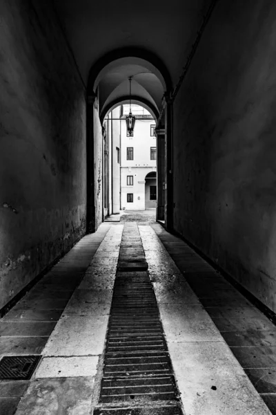 Grayscale Shot Long Passageway White Lines Ground Background Building — Stock Photo, Image