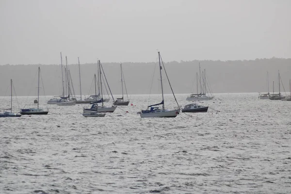 Grupp Segelbåtar Vågigt Hav — Stockfoto