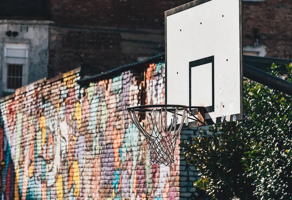 Zagreb Croatia Mar 2021 Basketball Hoop Brick Wall Background Graffiti — Stock Photo, Image