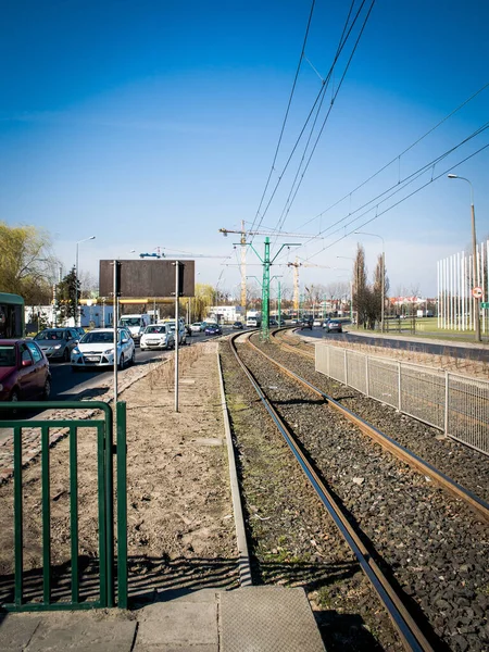 Poznan Polska Października 2016 Tor Tramwajowy Ruchem Samochodowym Ulicy Zamenhofa — Zdjęcie stockowe